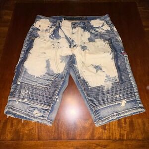 Heritage America denim shorts mens light wash biker zip moto distressed